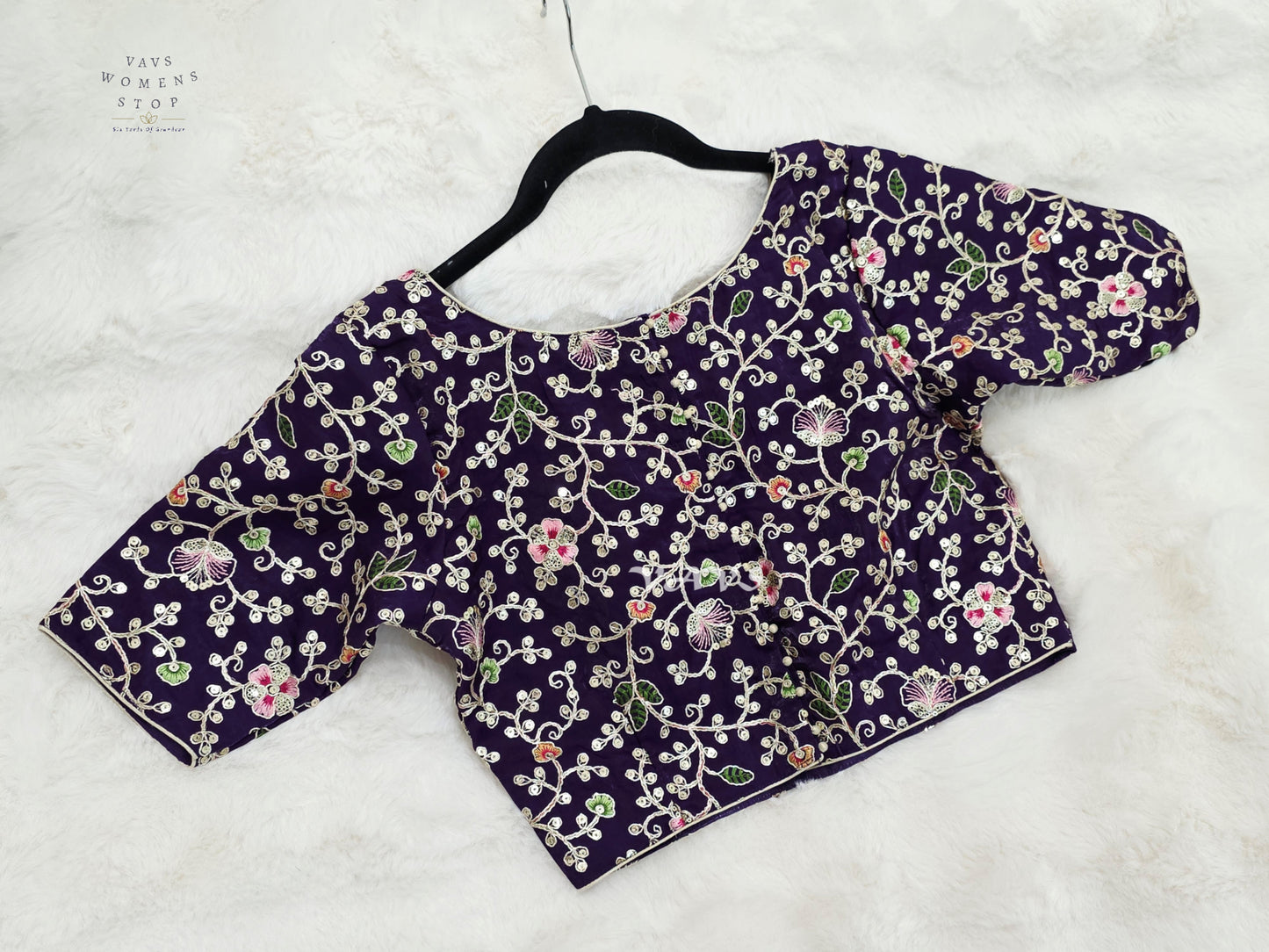 Royal Aubergine Space Silk Floral Embroidered Blouse | Size 34–40