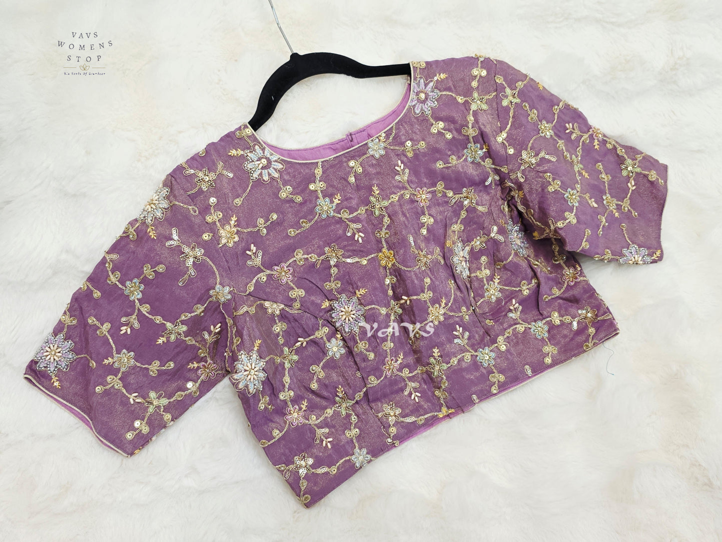 Royal Lavender Orchid Designer Tissue Embroidered Floral Blouse | Size 38-44