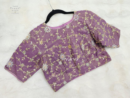 Royal Lavender Orchid Designer Tissue Embroidered Floral Blouse | Size 38-44