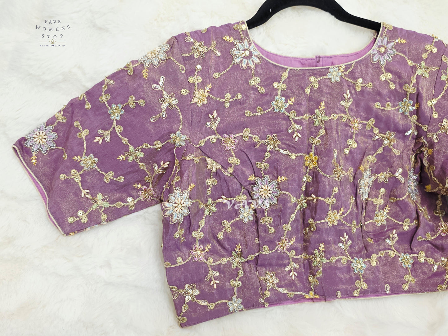 Royal Lavender Orchid Designer Tissue Embroidered Floral Blouse | Size 38-44