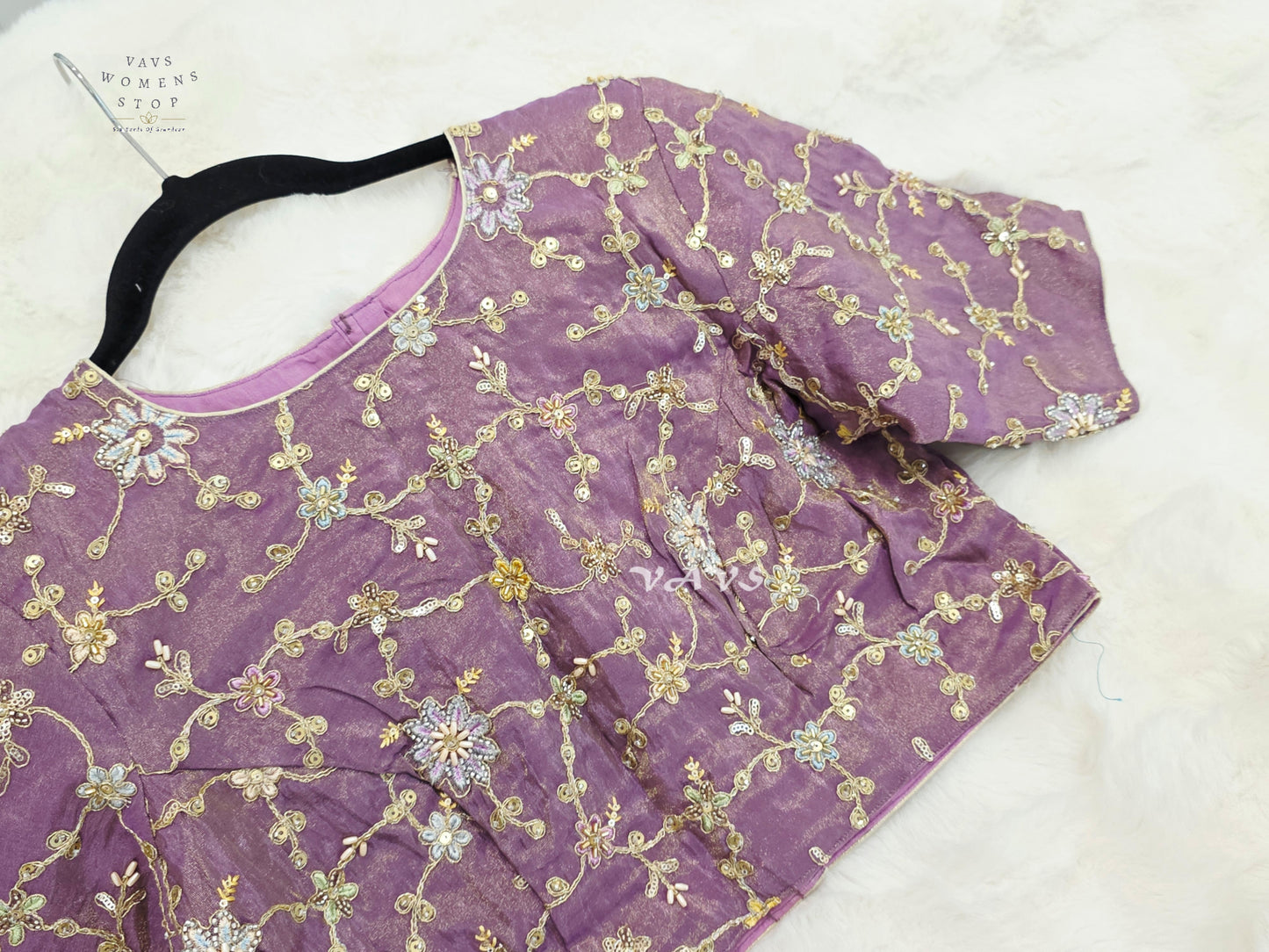 Royal Lavender Orchid Designer Tissue Embroidered Floral Blouse | Size 38-44