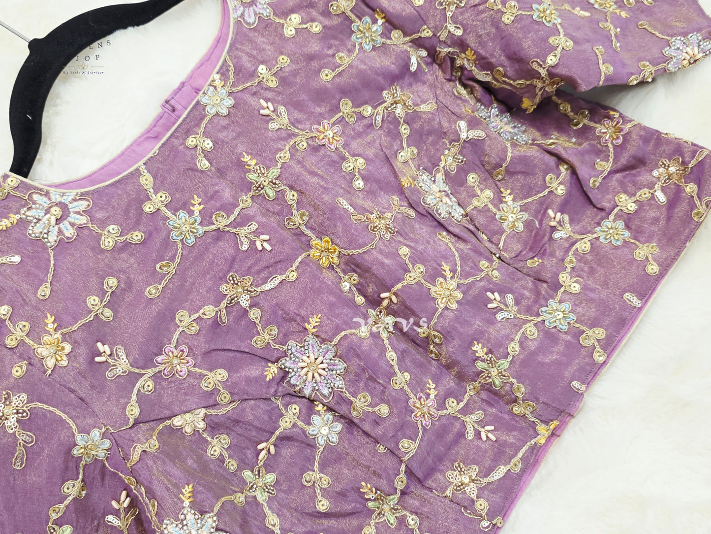 Royal Lavender Orchid Designer Tissue Embroidered Floral Blouse | Size 38-44