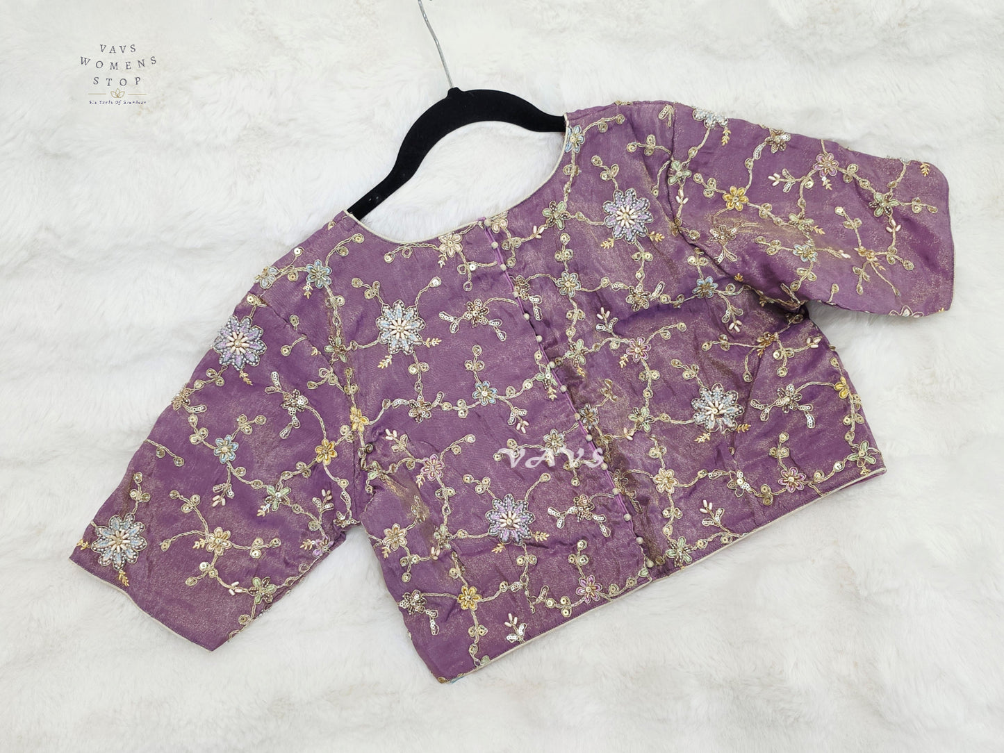 Royal Lavender Orchid Designer Tissue Embroidered Floral Blouse | Size 38-44