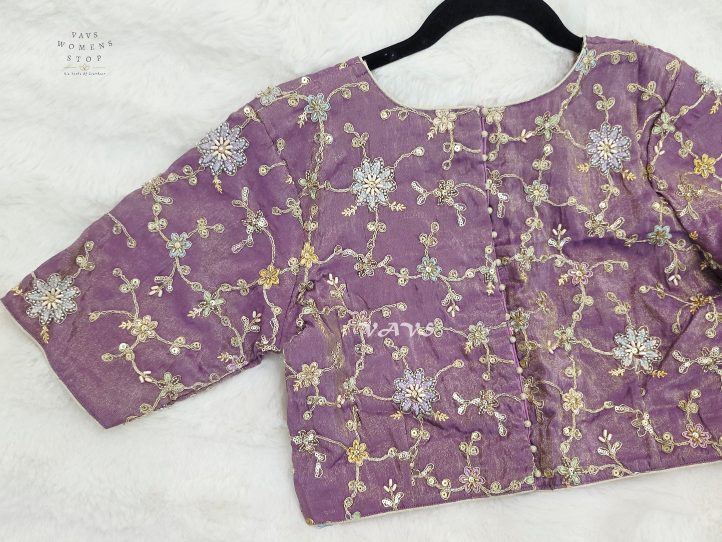 Royal Lavender Orchid Designer Tissue Embroidered Floral Blouse | Size 38-44