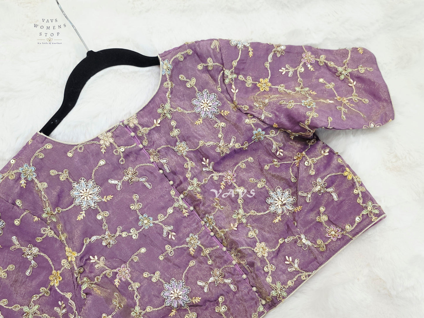 Royal Lavender Orchid Designer Tissue Embroidered Floral Blouse | Size 38-44