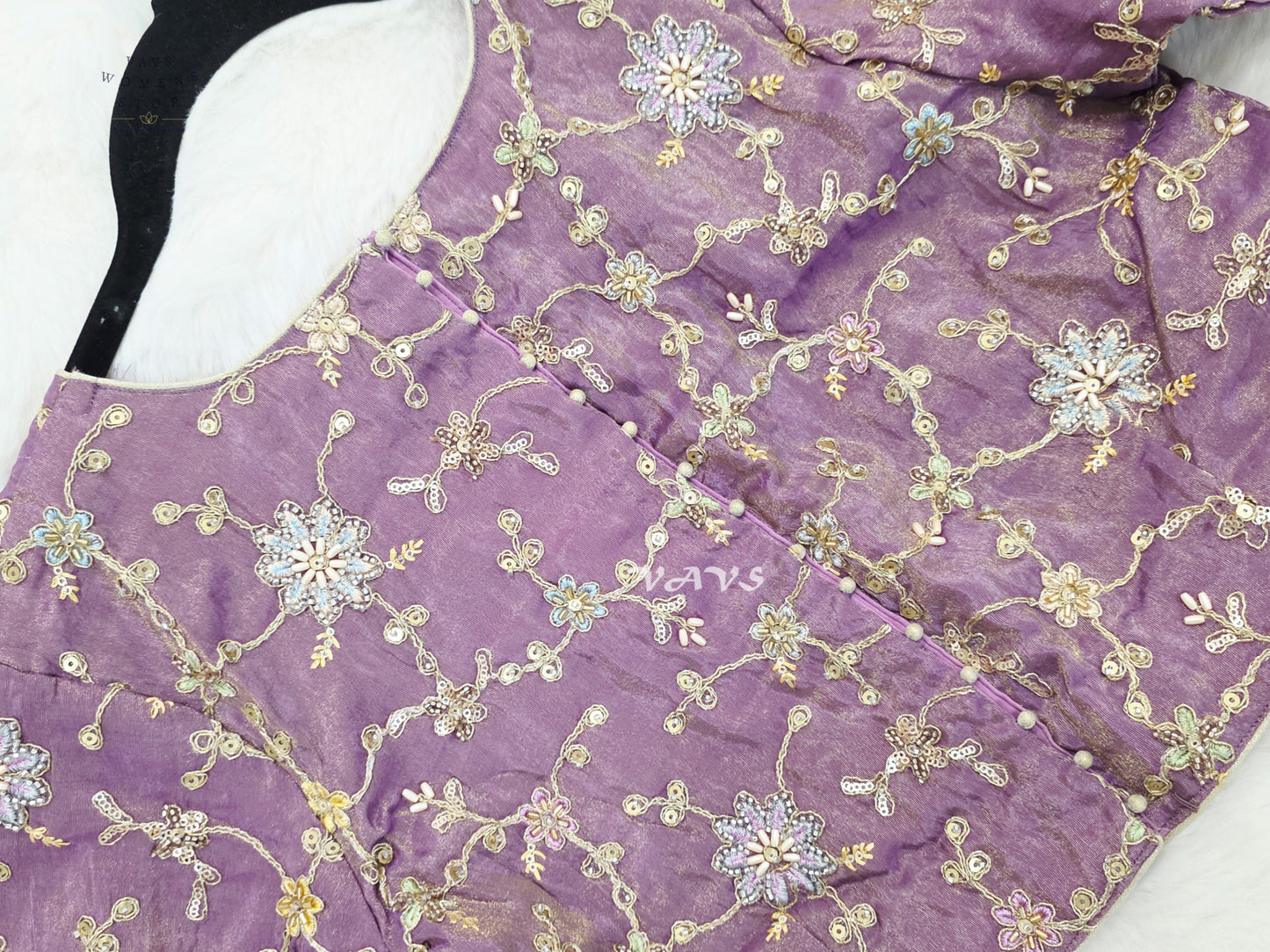 Royal Lavender Orchid Designer Tissue Embroidered Floral Blouse | Size 38-44
