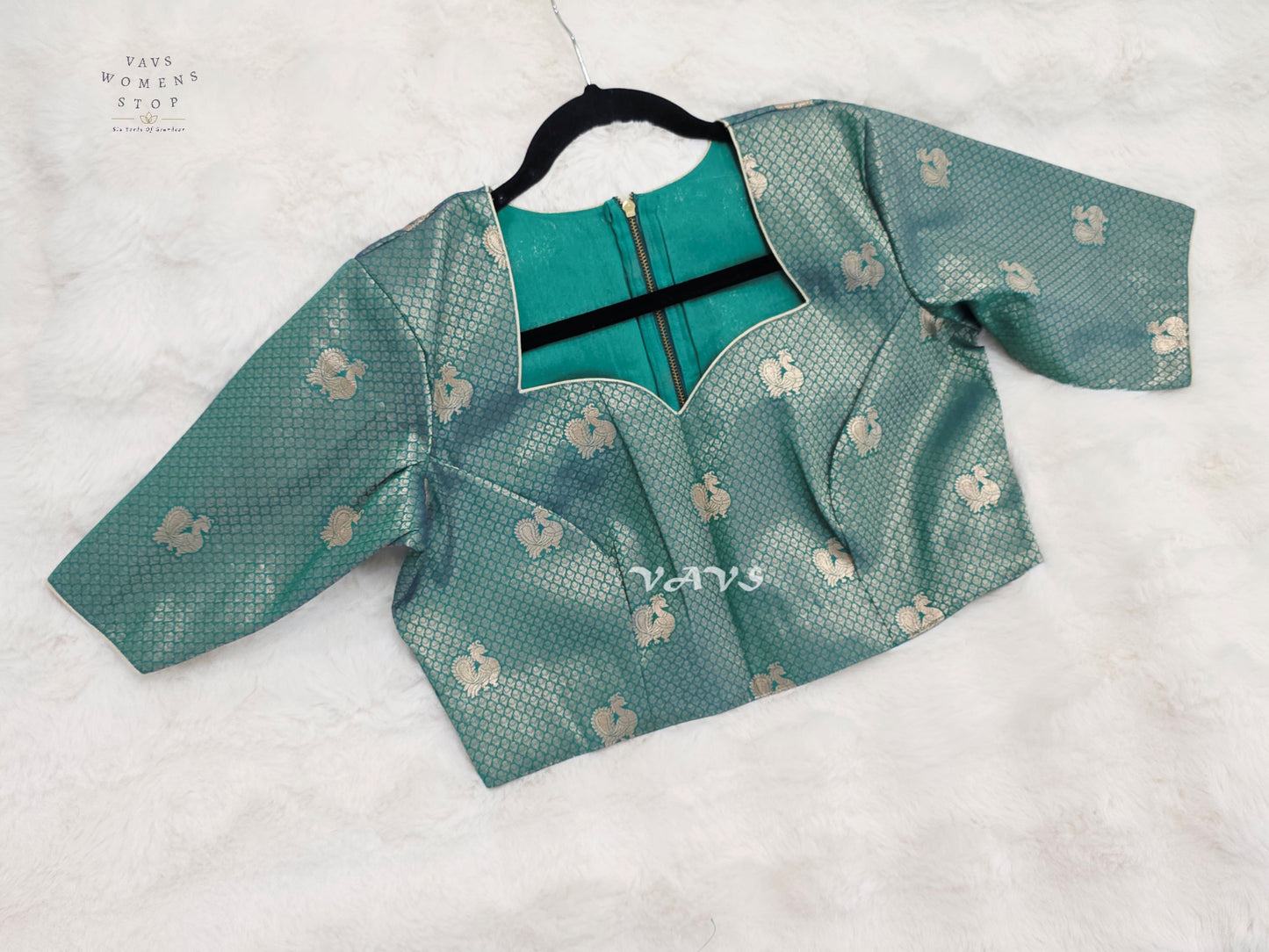 Antique Aqua Banarasi Brocade Peacock Blouse | Size 40–46
