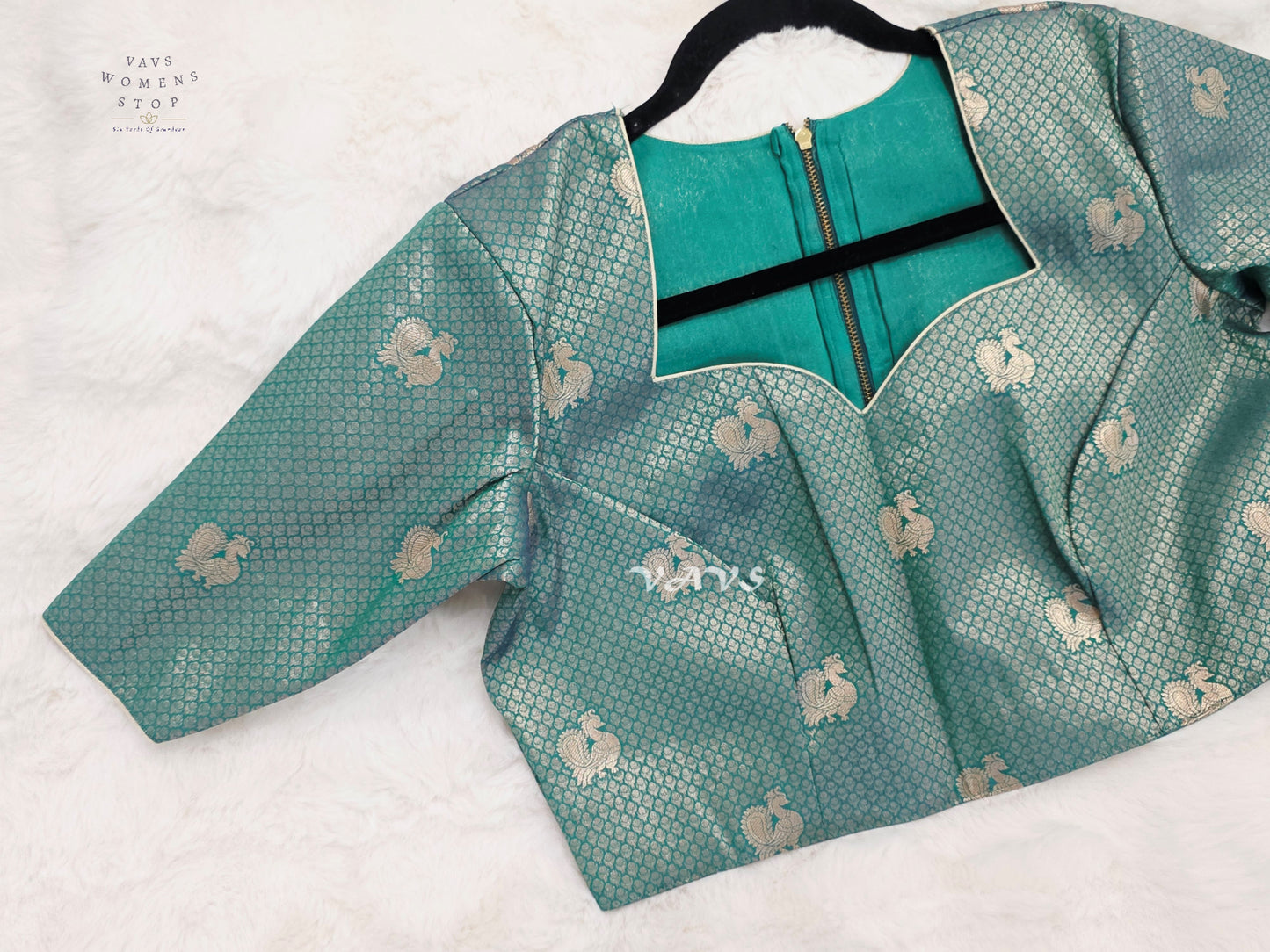 Antique Aqua Banarasi Brocade Peacock Blouse | Size 40–46
