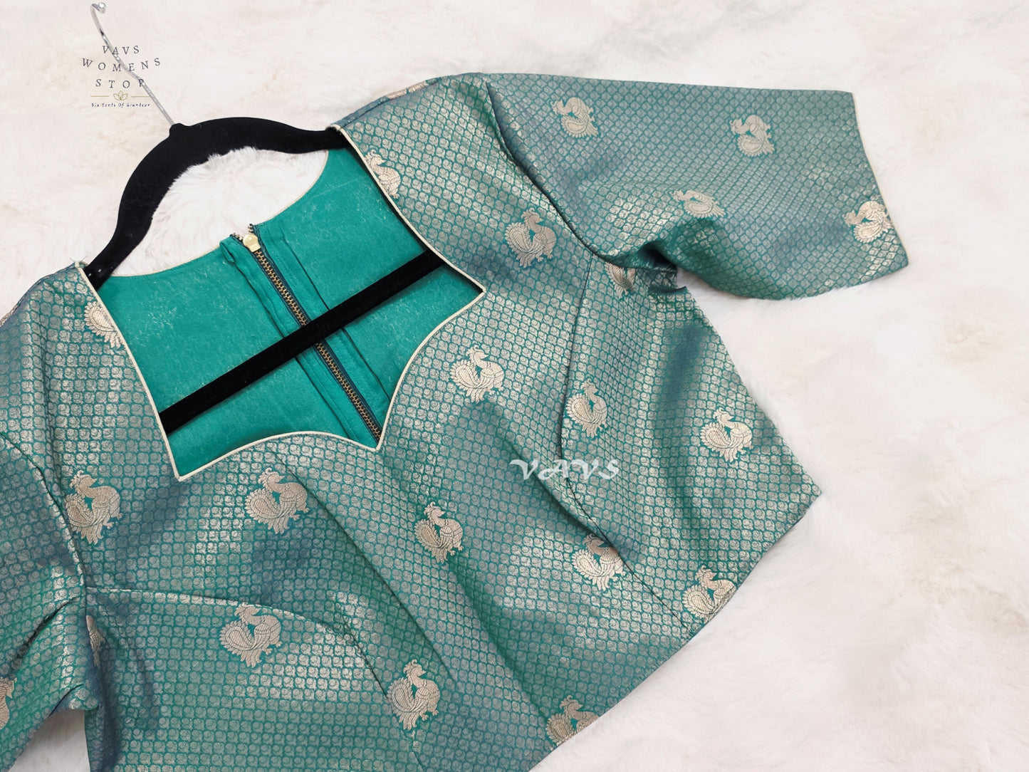 Antique Aqua Banarasi Brocade Peacock Blouse | Size 40–46