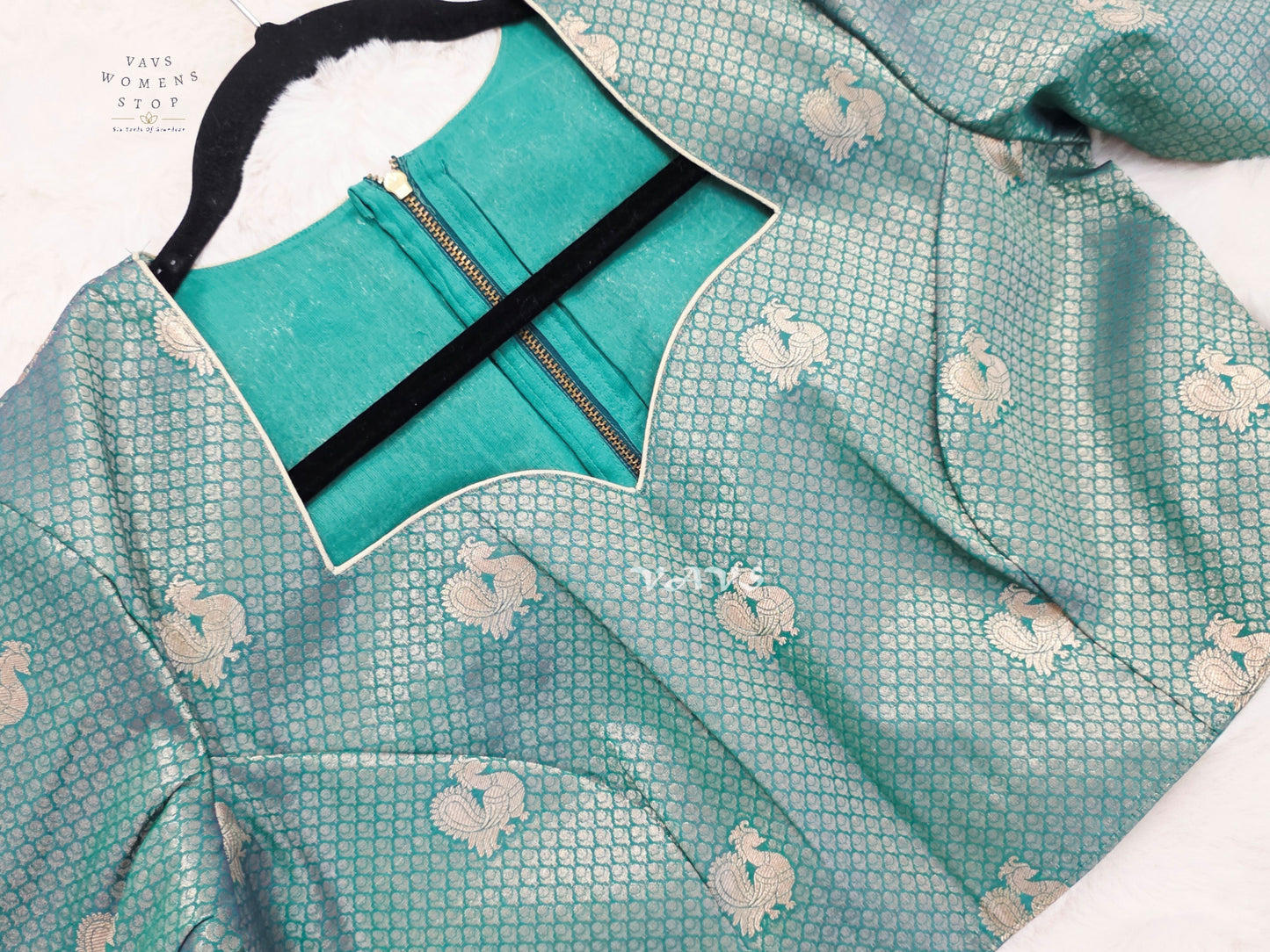 Antique Aqua Banarasi Brocade Peacock Blouse | Size 40–46