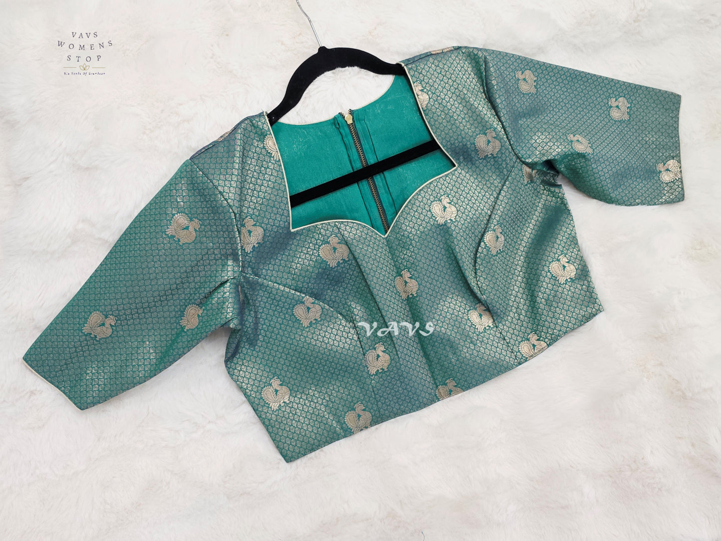Antique Aqua Banarasi Brocade Peacock Blouse | Size 40–46