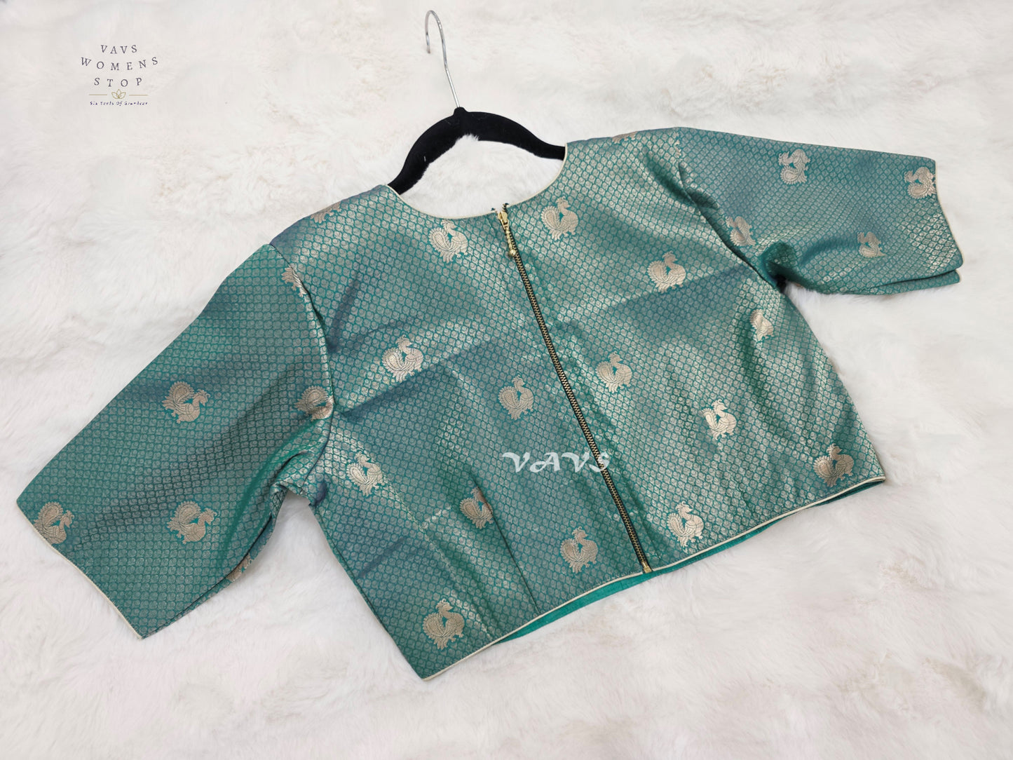Antique Aqua Banarasi Brocade Peacock Blouse | Size 40–46