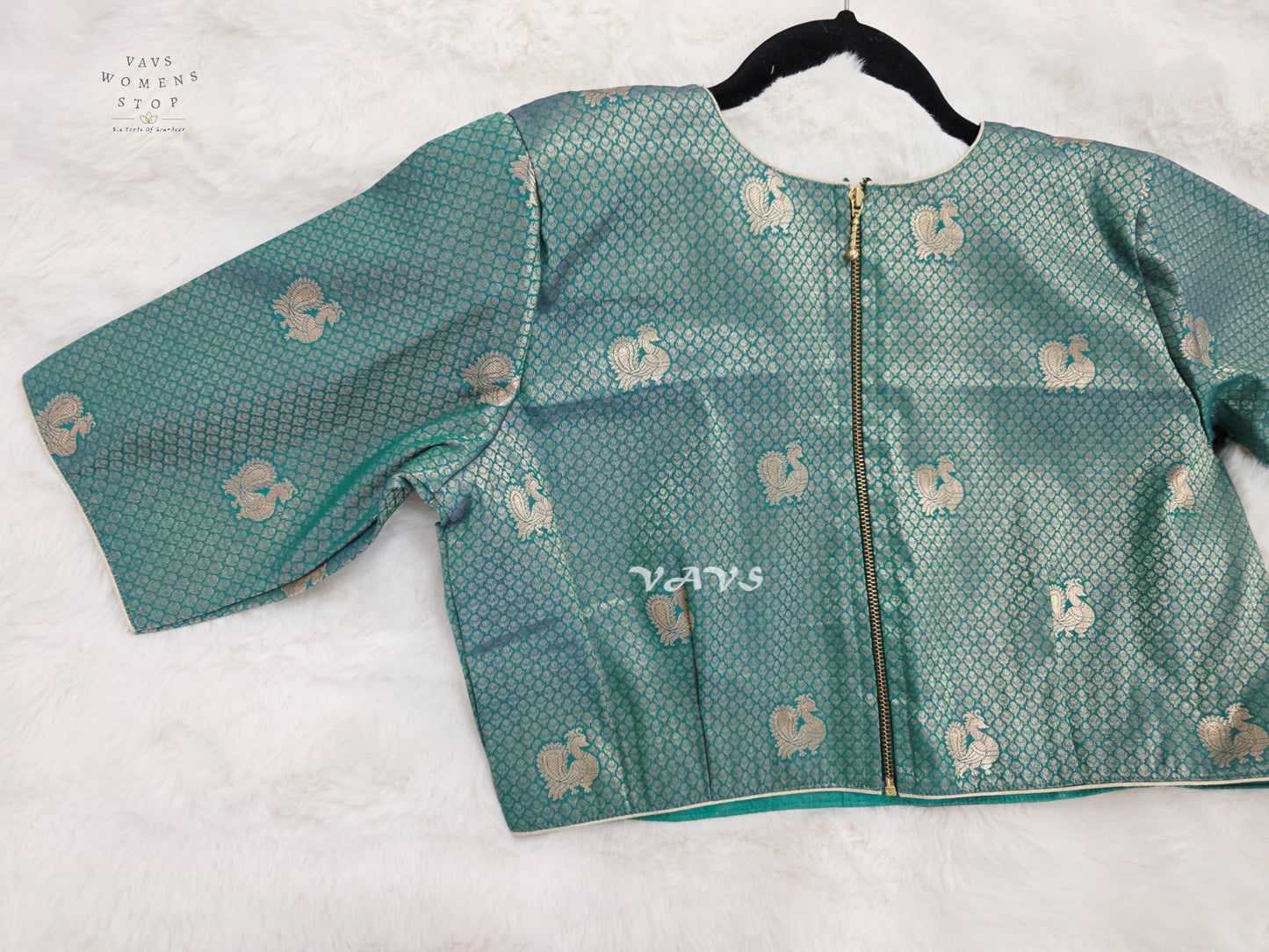 Antique Aqua Banarasi Brocade Peacock Blouse | Size 40–46