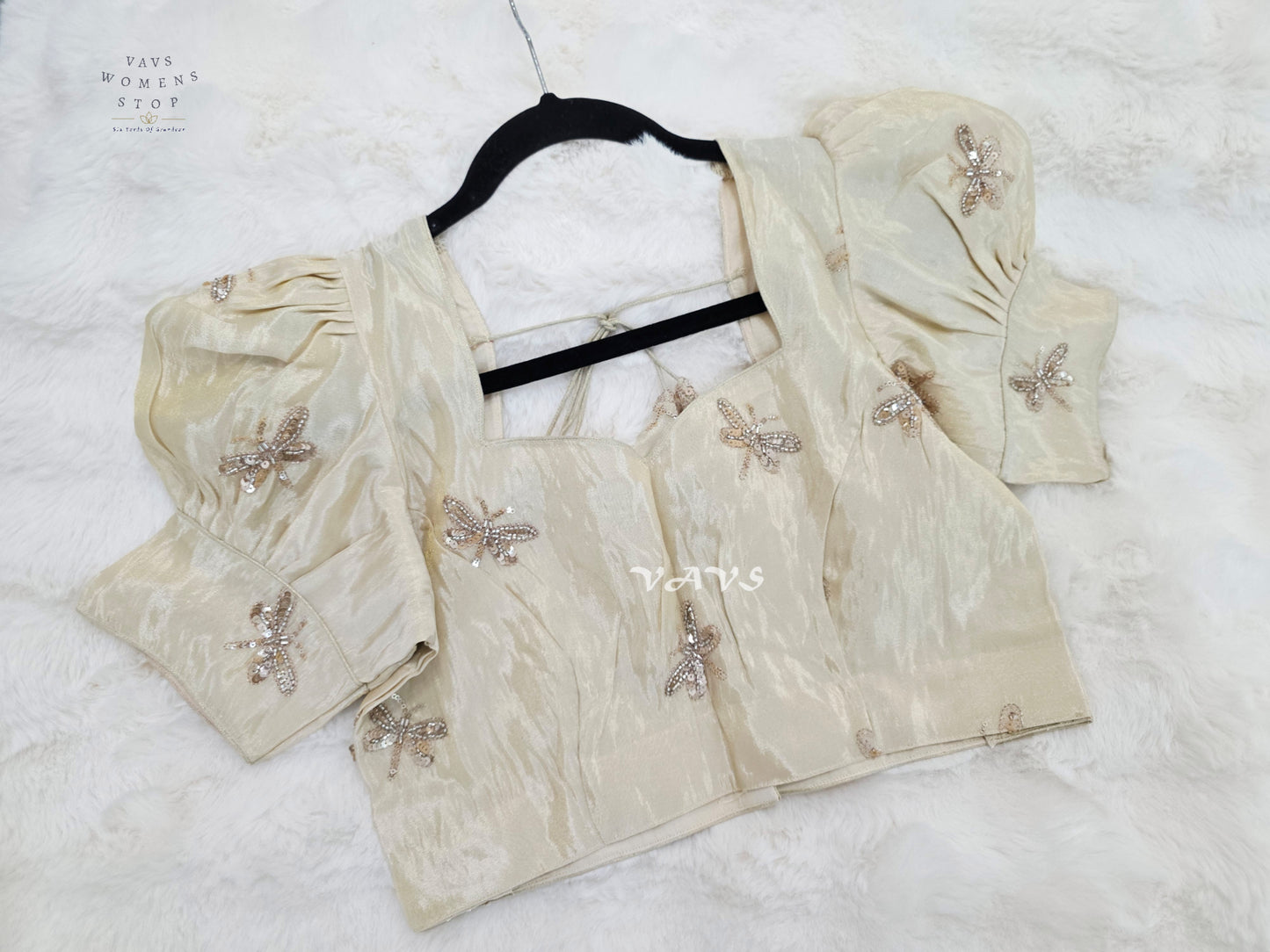 Champagne Ivory Tissue Puff-Sleeve Stitched Blouse | Size 38–44