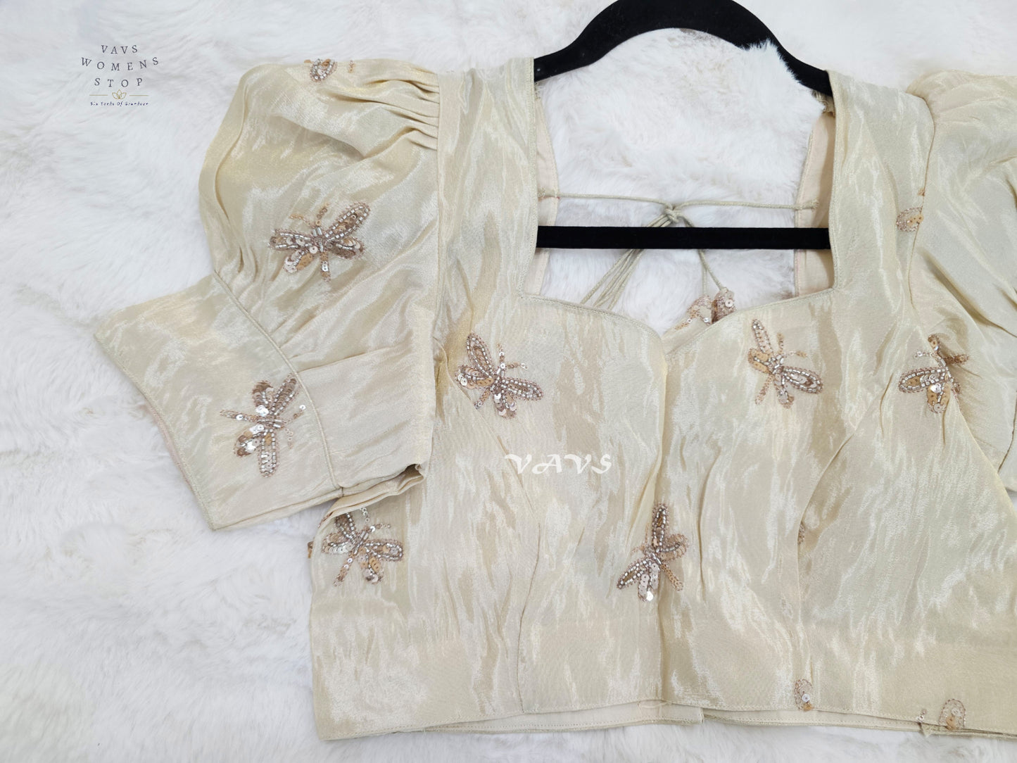 Champagne Ivory Tissue Puff-Sleeve Stitched Blouse | Size 38–44