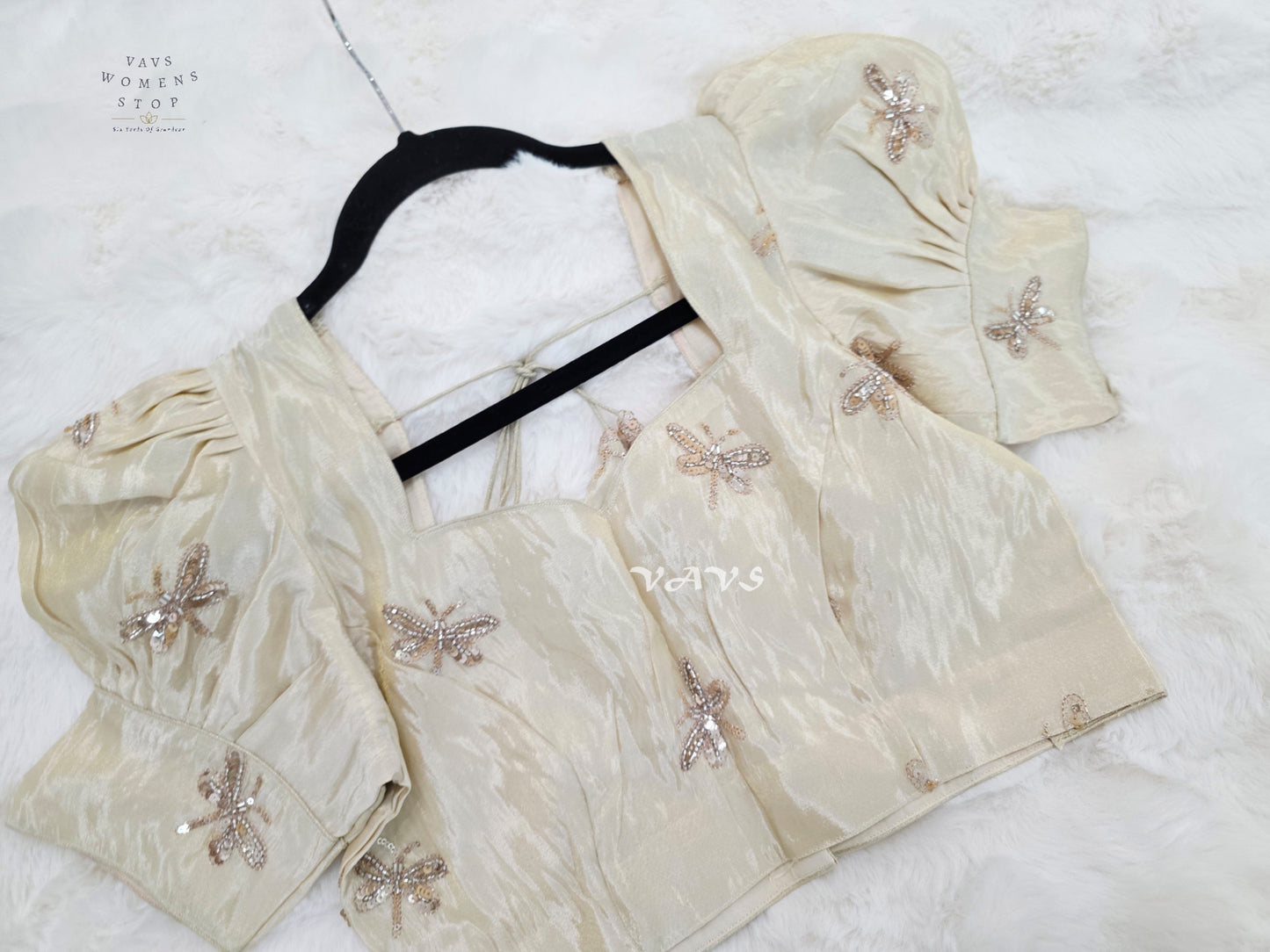 Champagne Ivory Tissue Puff-Sleeve Stitched Blouse | Size 38–44