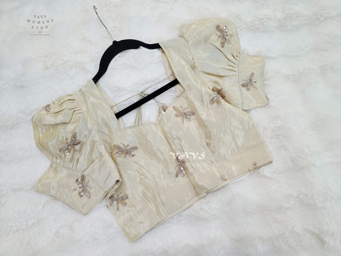 Champagne Ivory Tissue Puff-Sleeve Stitched Blouse | Size 38–44
