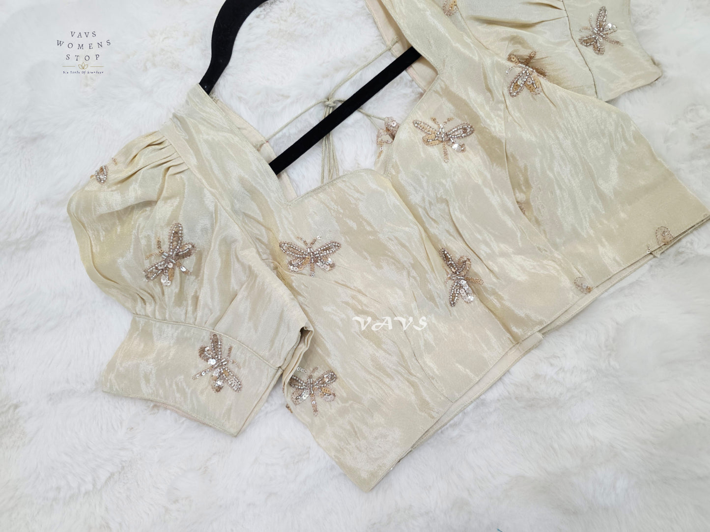 Champagne Ivory Tissue Puff-Sleeve Stitched Blouse | Size 38–44