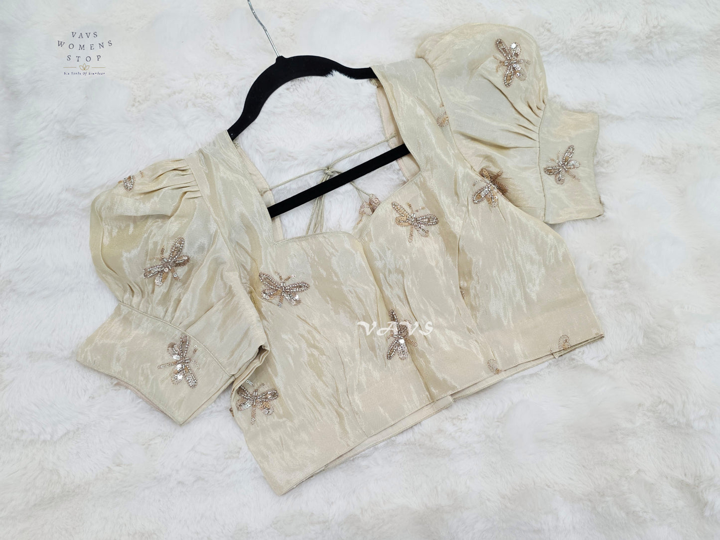 Champagne Ivory Tissue Puff-Sleeve Stitched Blouse | Size 38–44