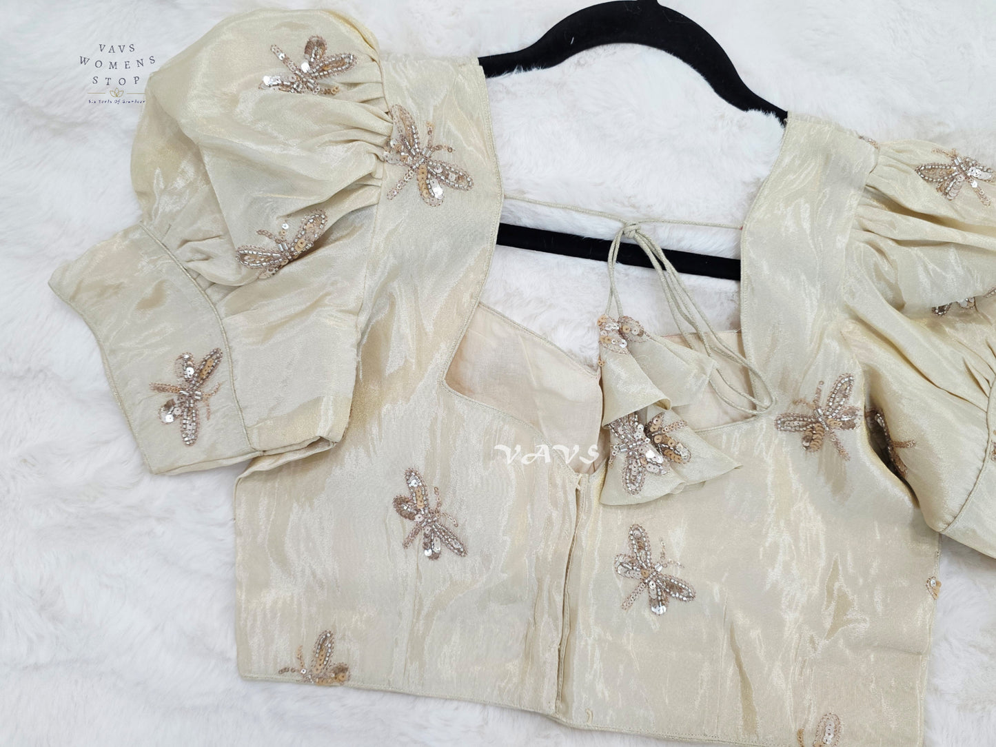 Champagne Ivory Tissue Puff-Sleeve Stitched Blouse | Size 38–44