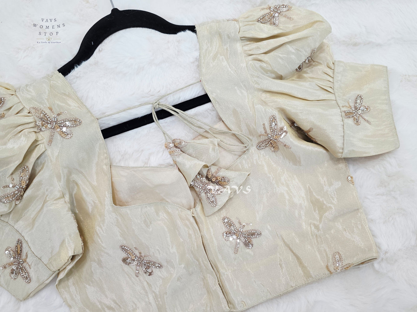 Champagne Ivory Tissue Puff-Sleeve Stitched Blouse | Size 38–44