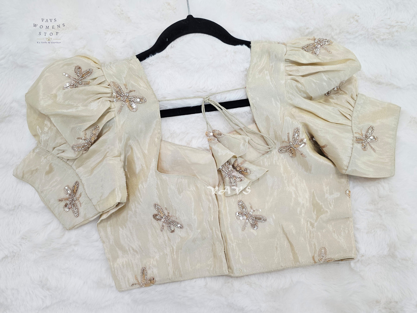 Champagne Ivory Tissue Puff-Sleeve Stitched Blouse | Size 38–44