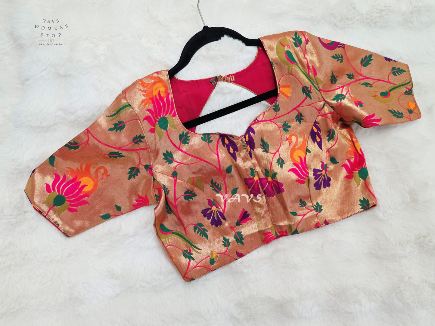 Rose Gold Banarasi Paithani Peacock Blouse | Size 38–44