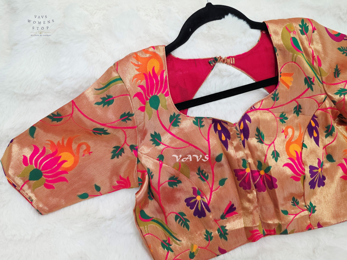 Rose Gold Banarasi Paithani Peacock Blouse | Size 38–44
