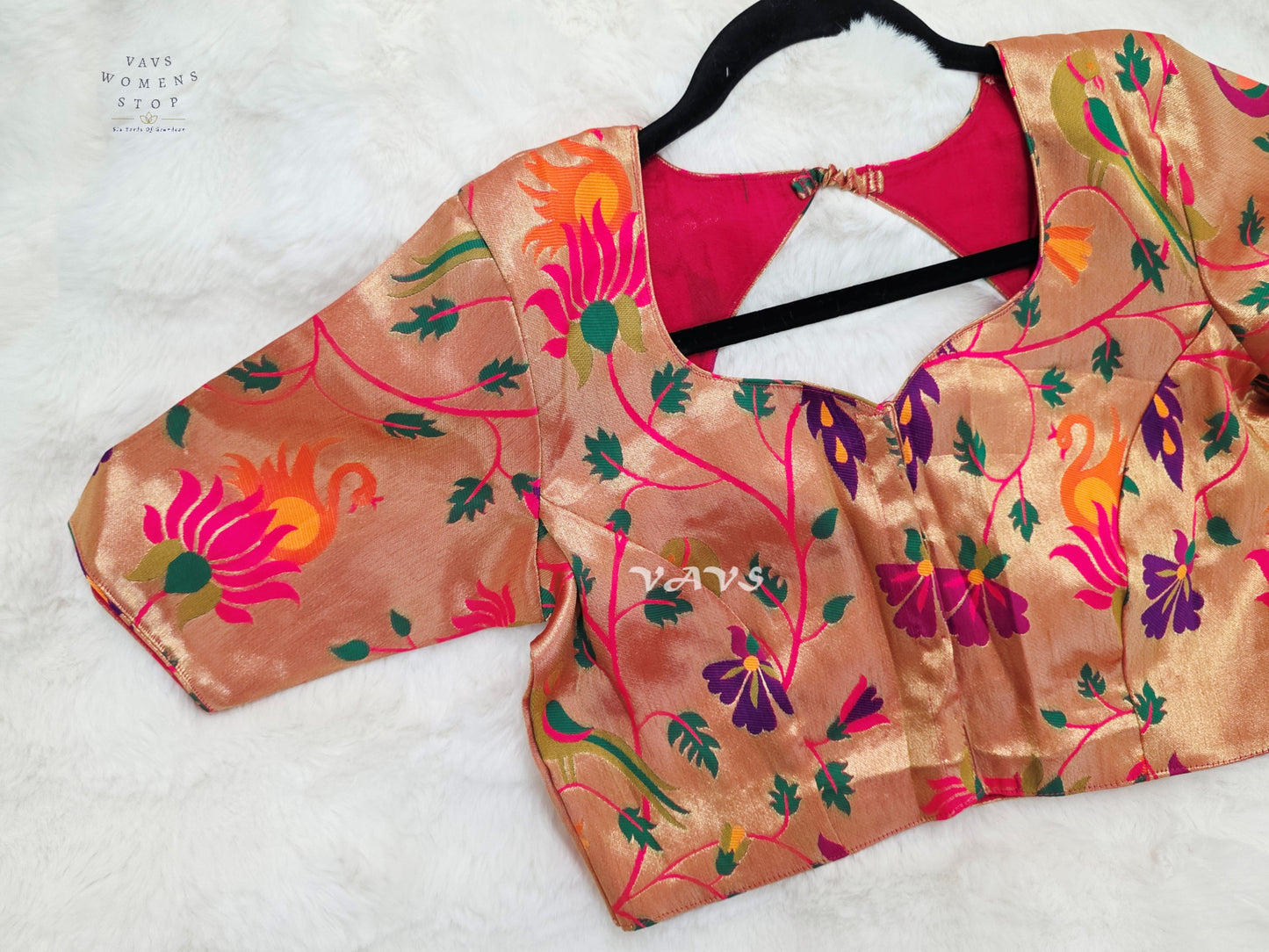 Rose Gold Banarasi Paithani Peacock Blouse | Size 38–44