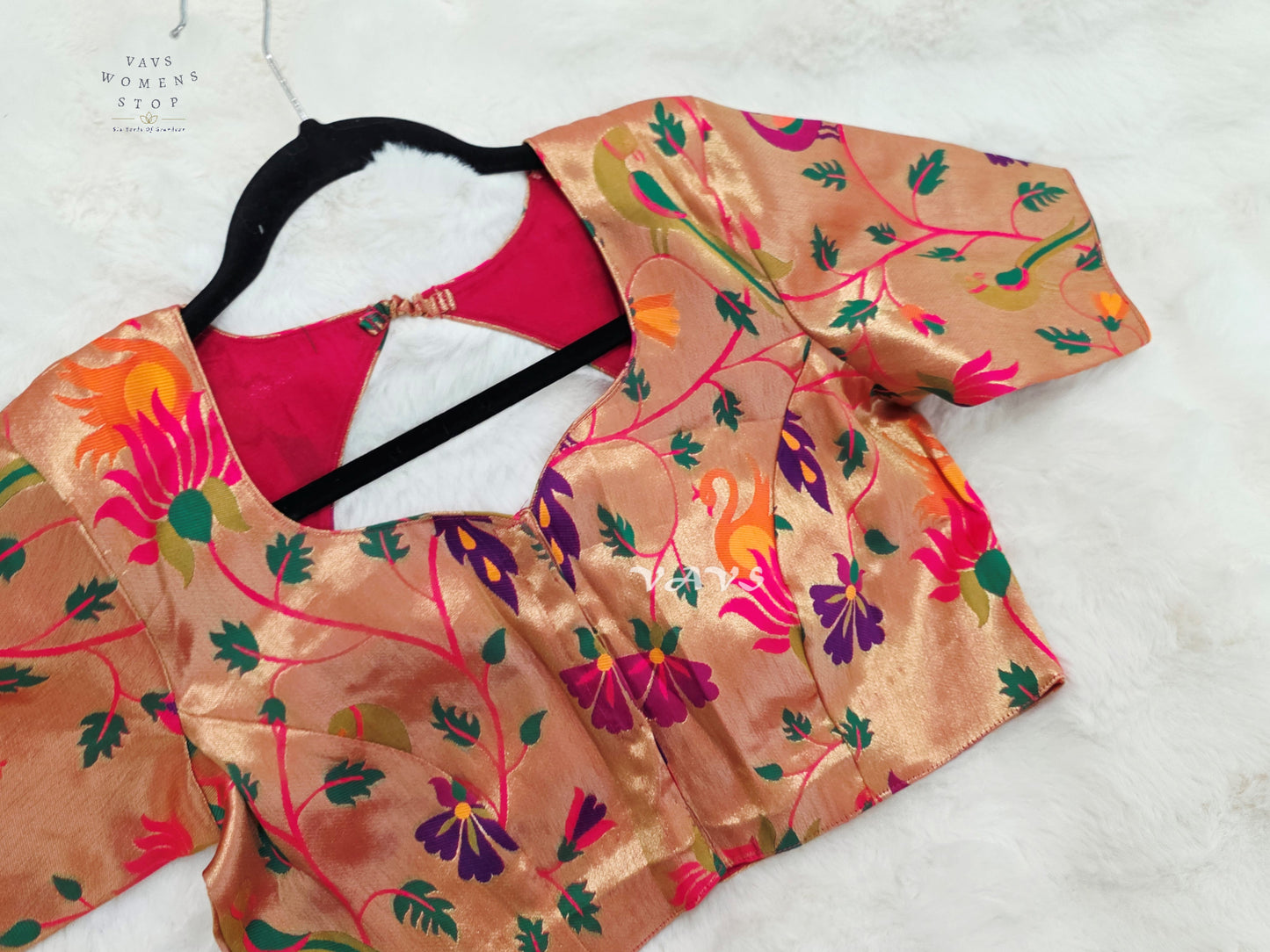 Rose Gold Banarasi Paithani Peacock Blouse | Size 38–44