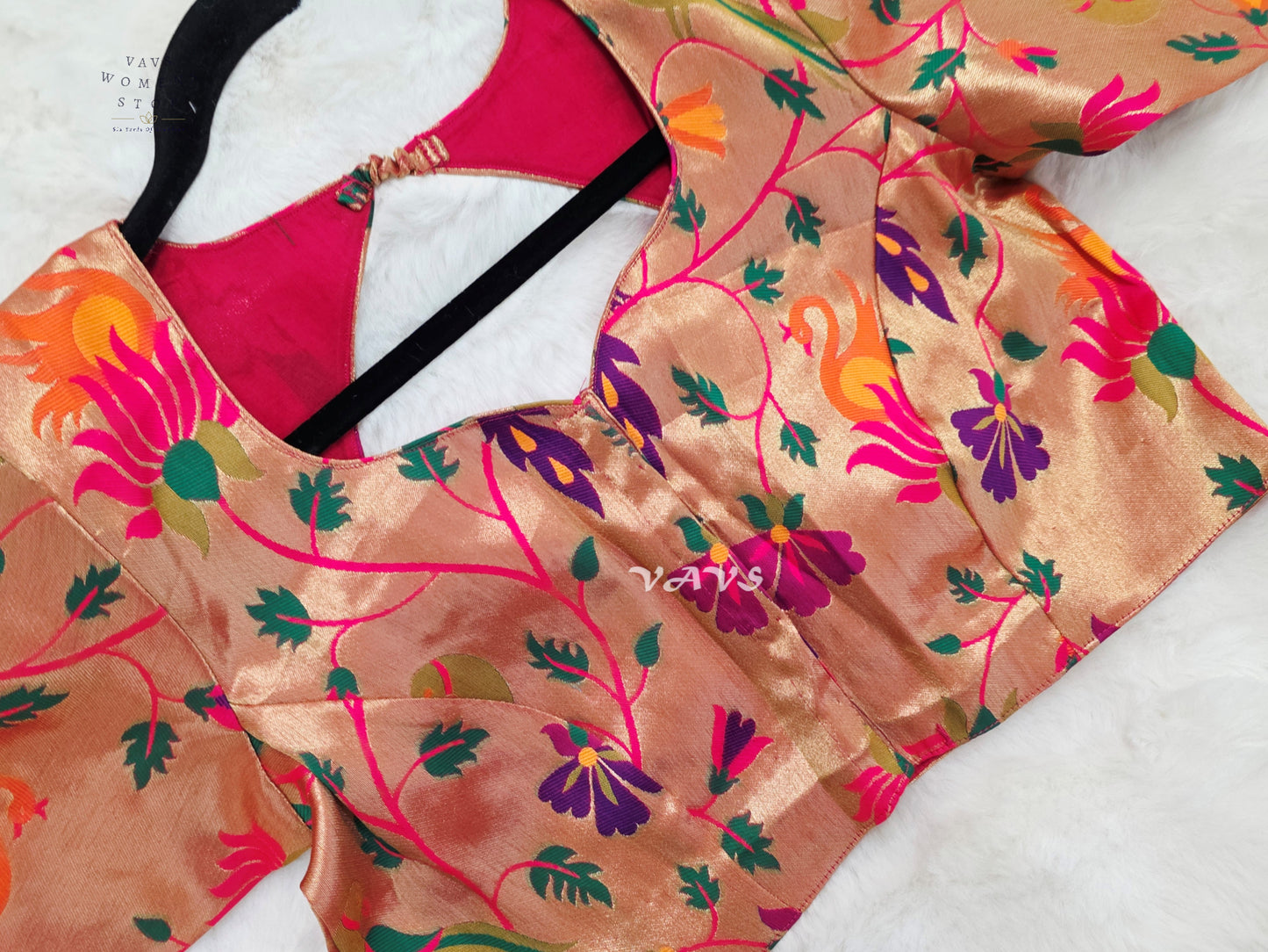 Rose Gold Banarasi Paithani Peacock Blouse | Size 38–44