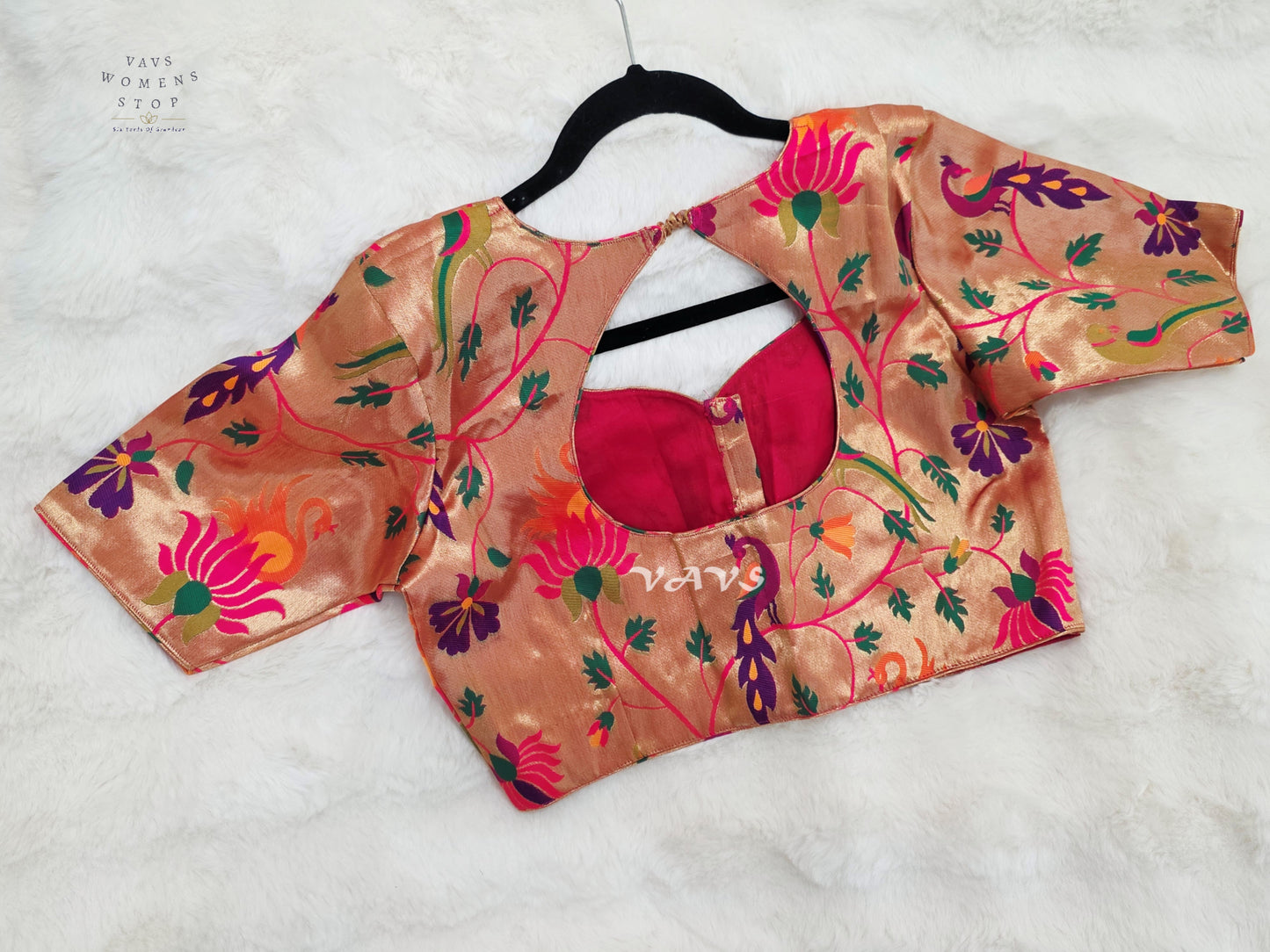 Rose Gold Banarasi Paithani Peacock Blouse | Size 38–44