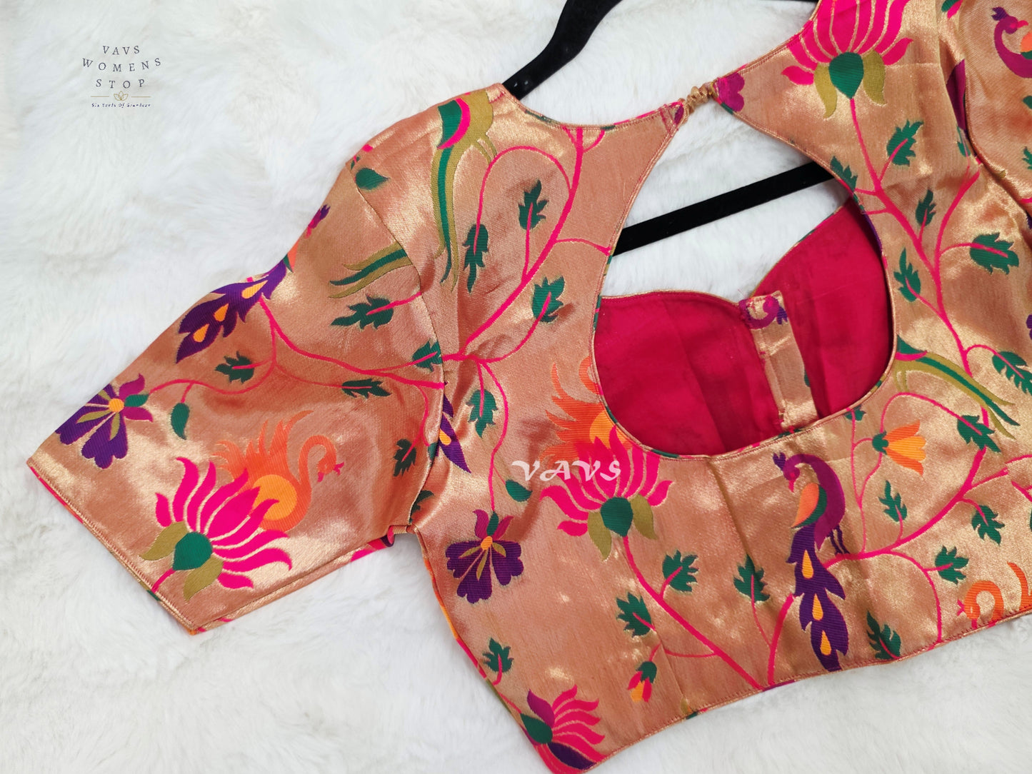 Rose Gold Banarasi Paithani Peacock Blouse | Size 38–44