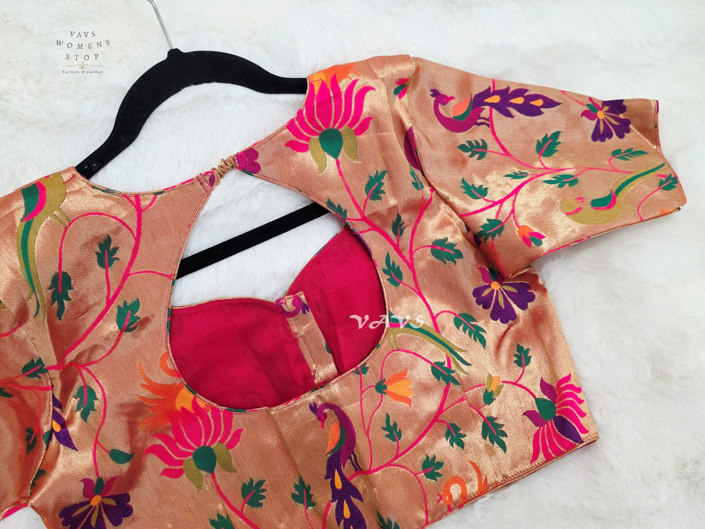 Rose Gold Banarasi Paithani Peacock Blouse | Size 38–44