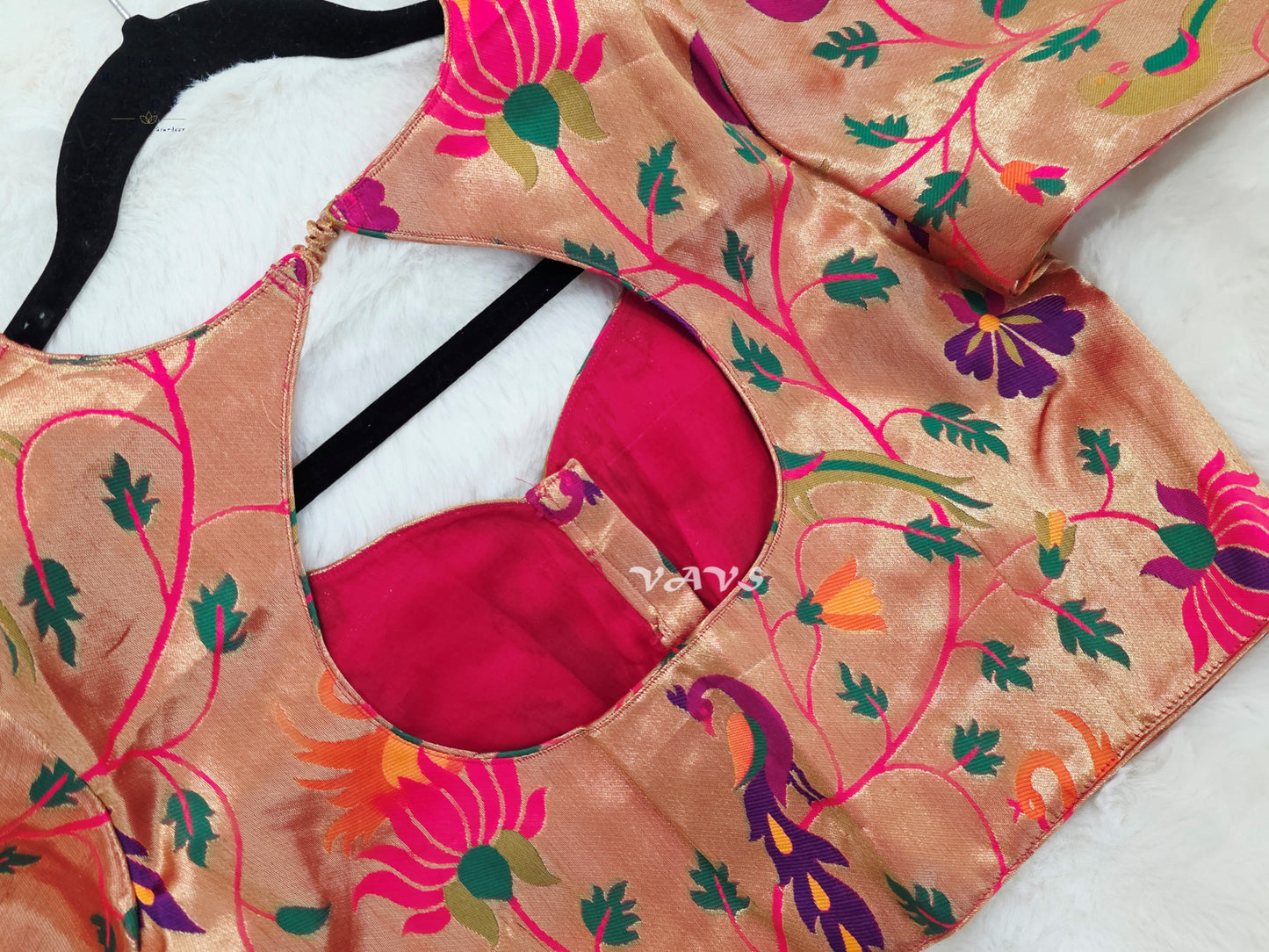 Rose Gold Banarasi Paithani Peacock Blouse | Size 38–44