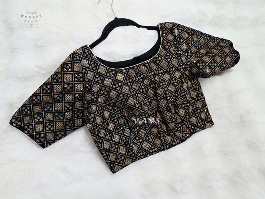 Midnight Black Velvet Geometric Embroidered Blouse | Size 36–42