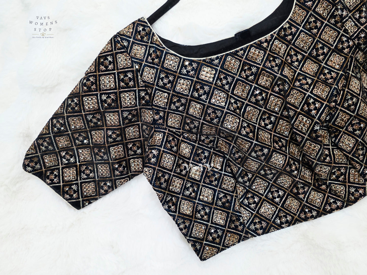 Midnight Black Velvet Geometric Embroidered Blouse | Size 36–42