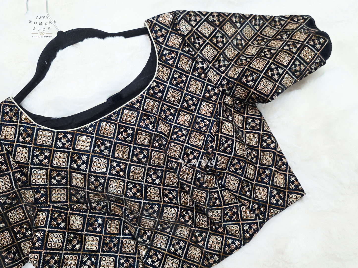 Midnight Black Velvet Geometric Embroidered Blouse | Size 36–42