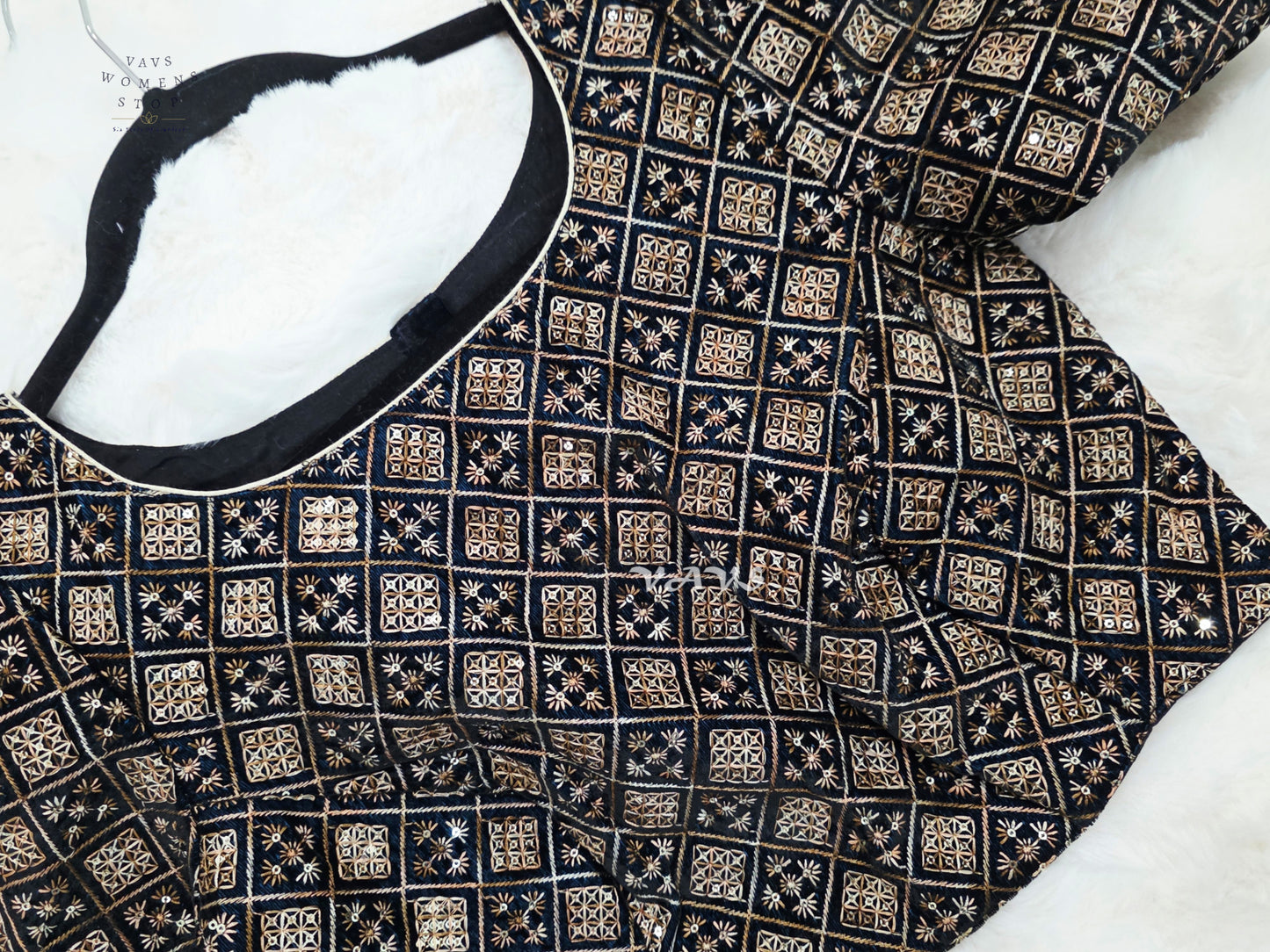 Midnight Black Velvet Geometric Embroidered Blouse | Size 36–42