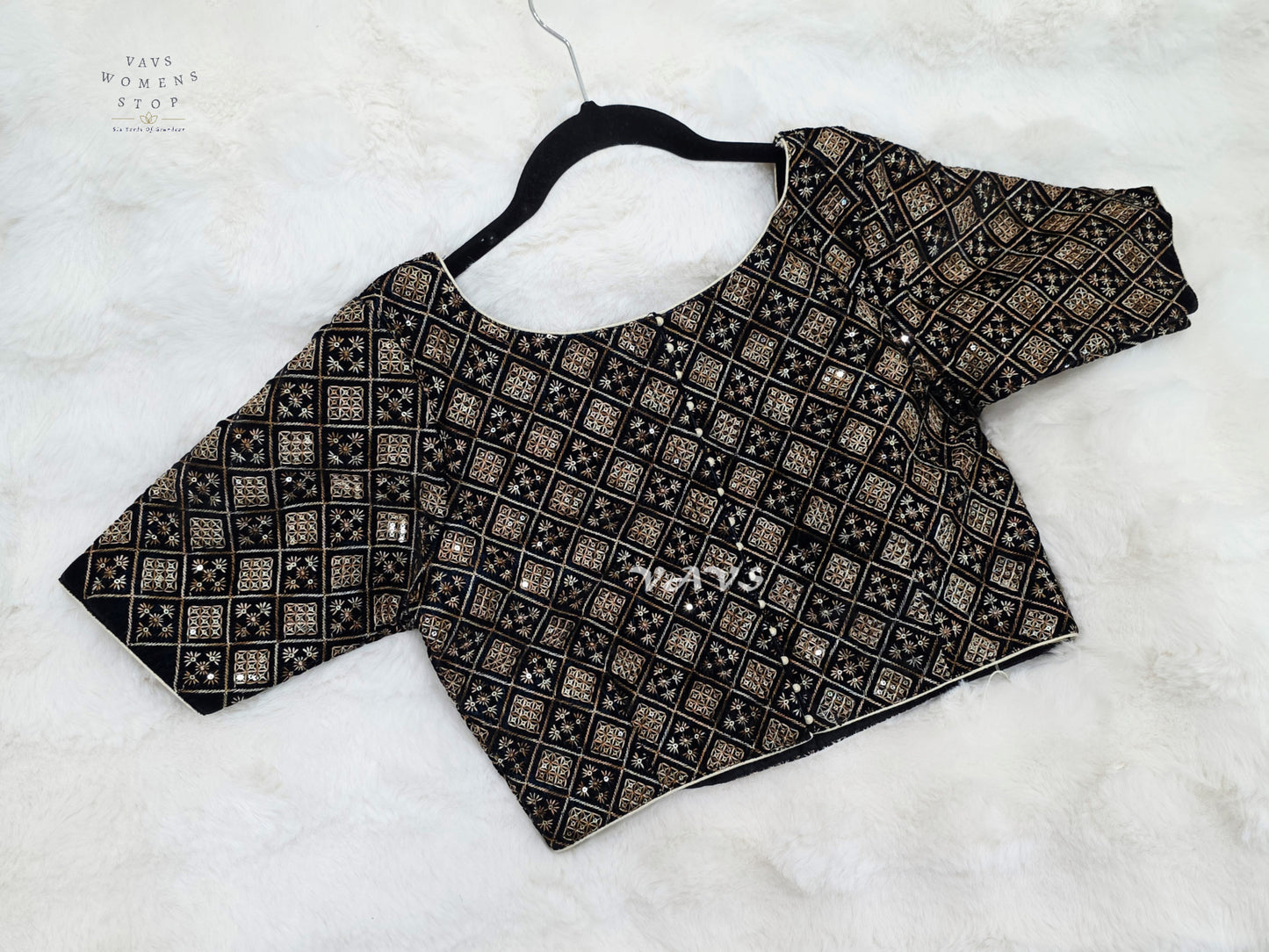 Midnight Black Velvet Geometric Embroidered Blouse | Size 36–42
