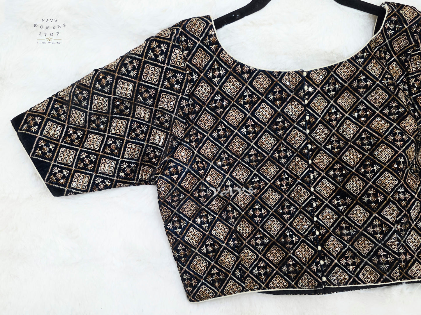 Midnight Black Velvet Geometric Embroidered Blouse | Size 36–42