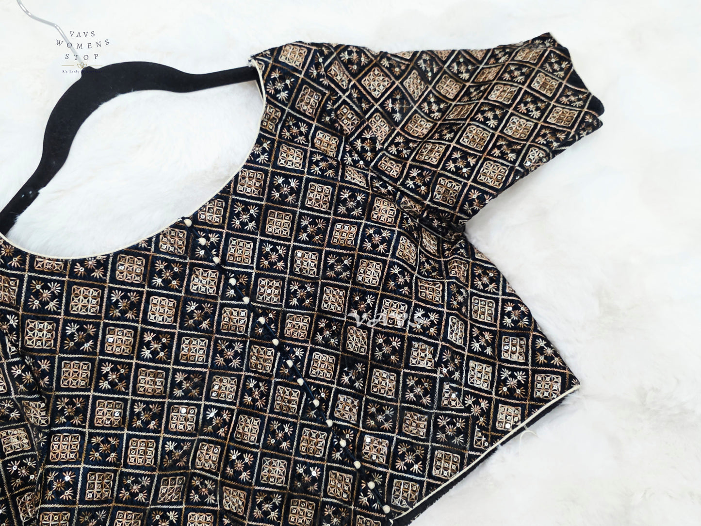 Midnight Black Velvet Geometric Embroidered Blouse | Size 36–42
