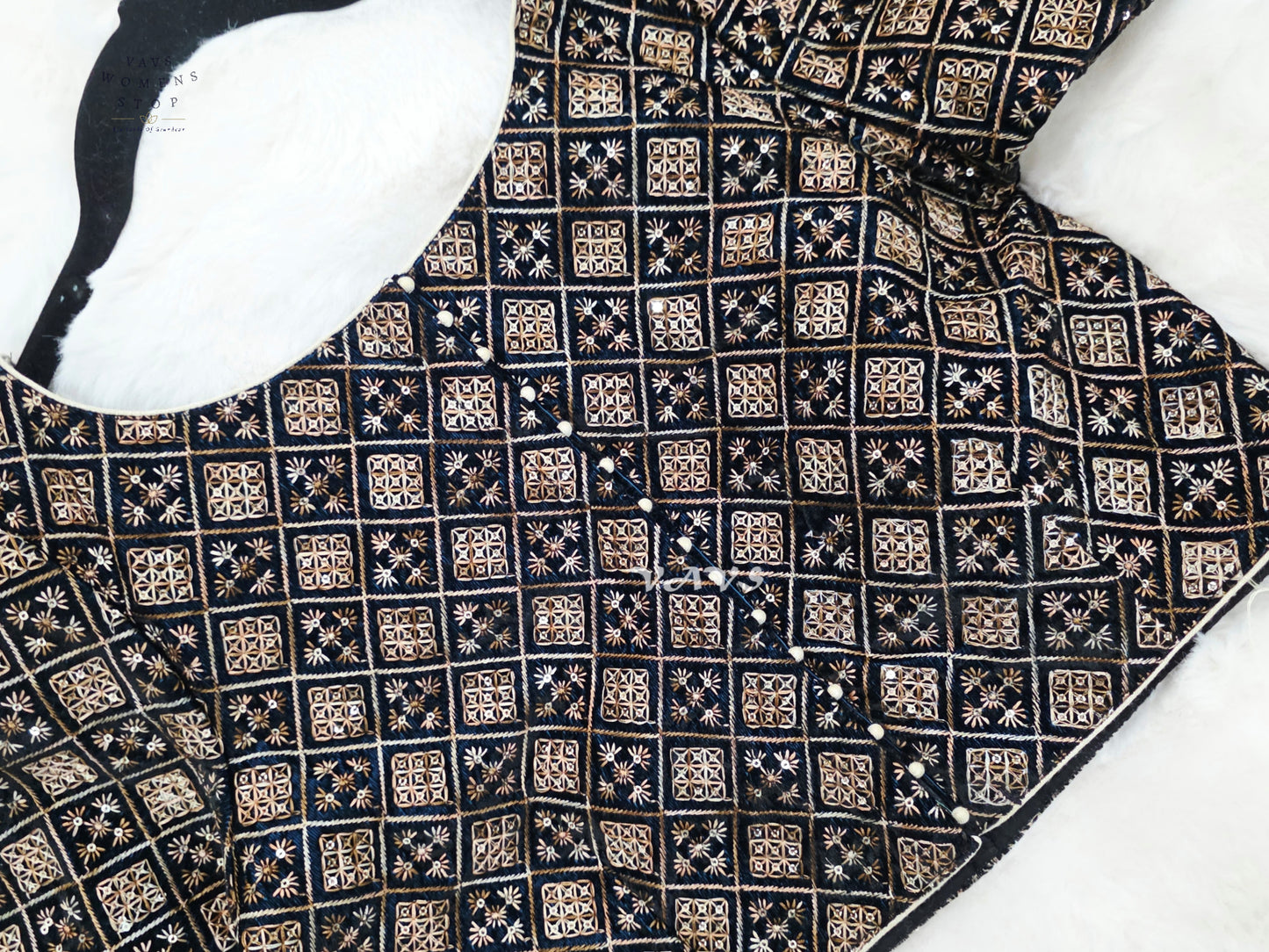 Midnight Black Velvet Geometric Embroidered Blouse | Size 36–42