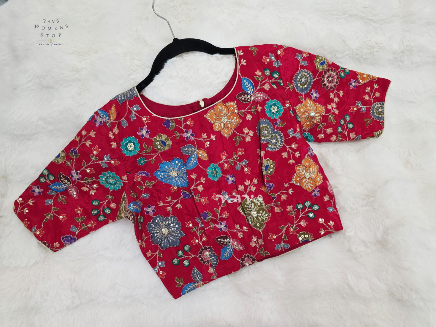 Ruby Red Chinon Silk Floral Sequin Blouse | Size 34–40
