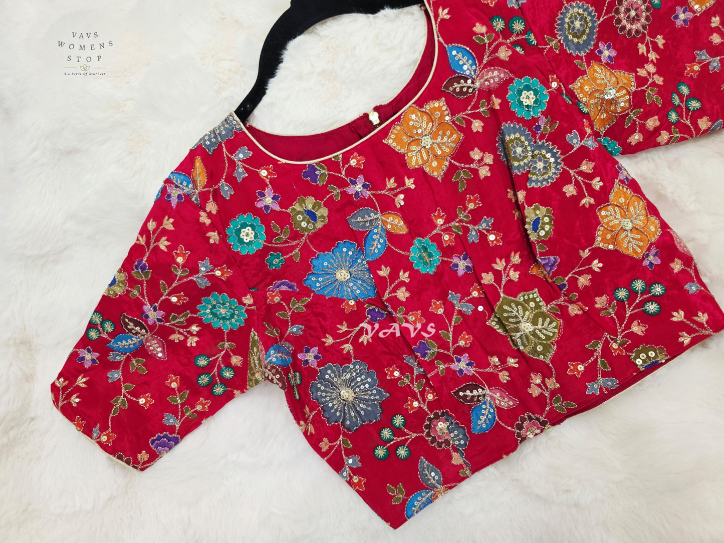 Ruby Red Chinon Silk Floral Sequin Blouse | Size 34–40