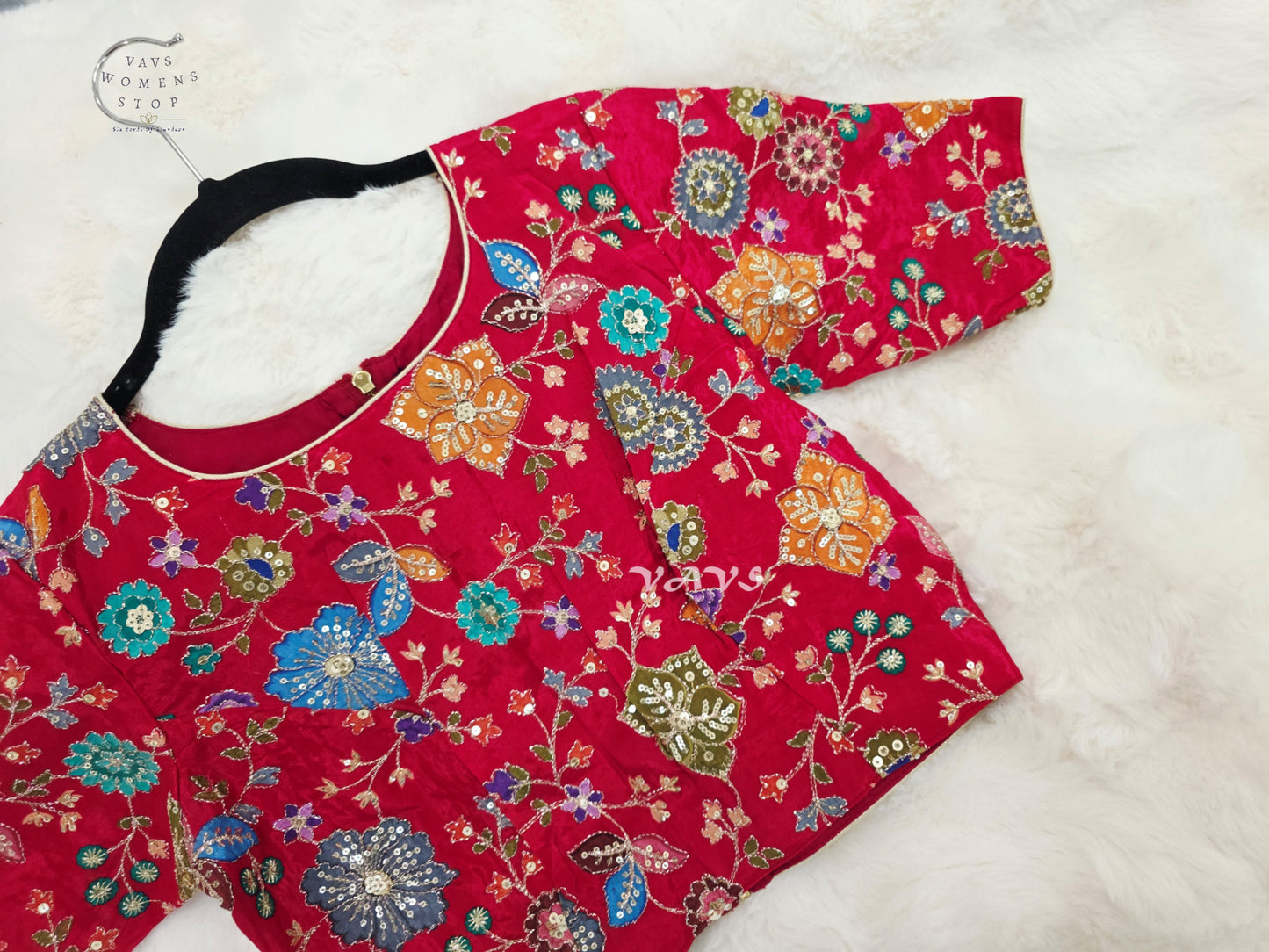 Ruby Red Chinon Silk Floral Sequin Blouse | Size 34–40