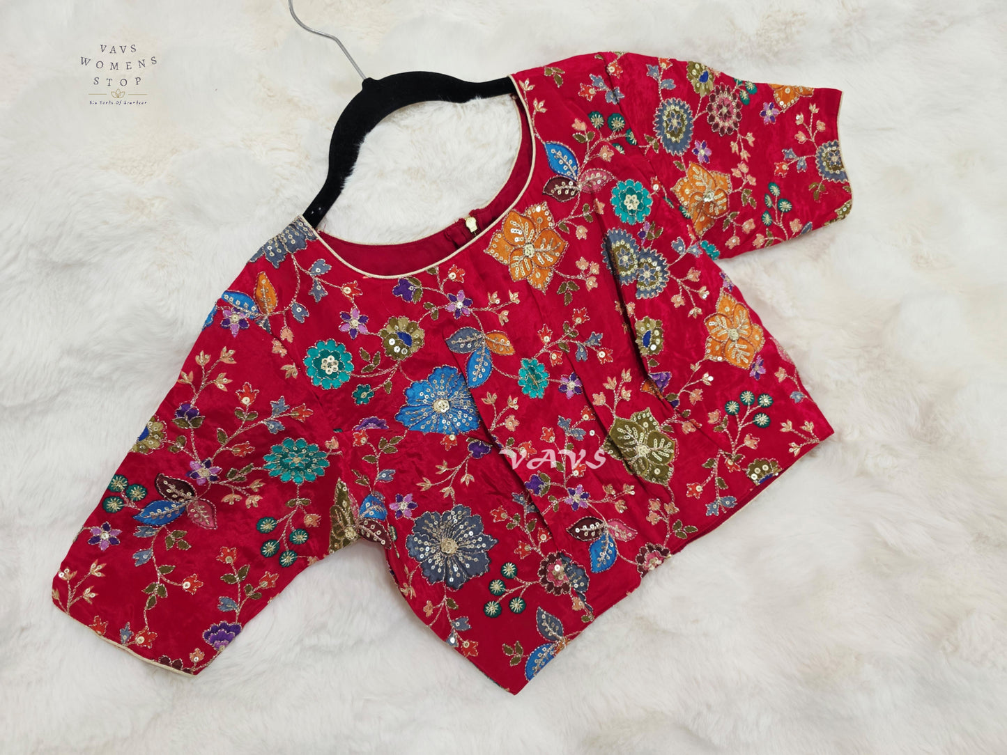 Ruby Red Chinon Silk Floral Sequin Blouse | Size 34–40