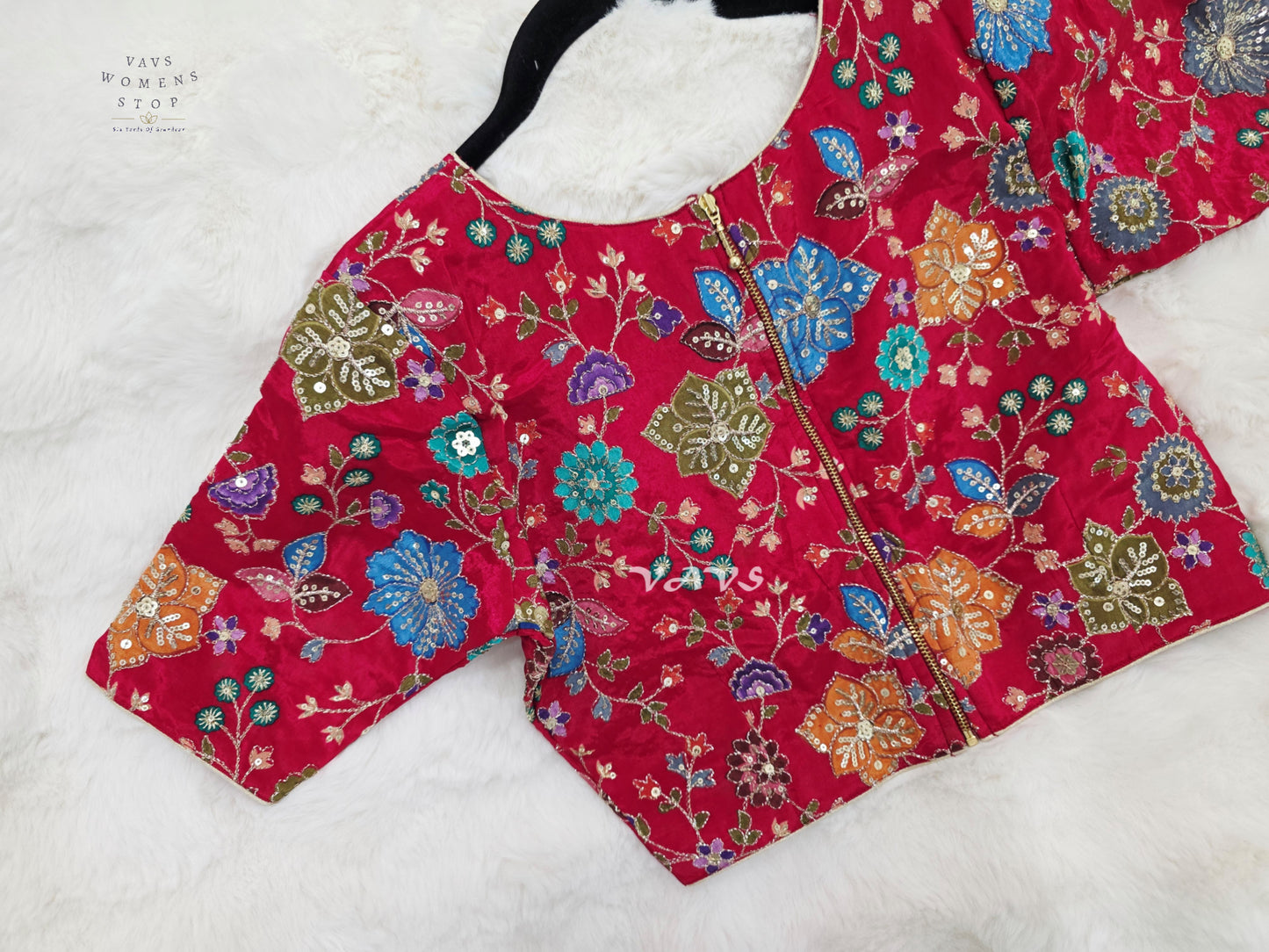 Ruby Red Chinon Silk Floral Sequin Blouse | Size 34–40