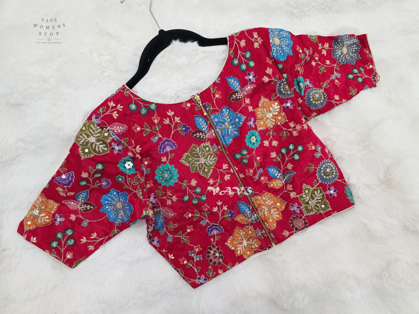 Ruby Red Chinon Silk Floral Sequin Blouse | Size 34–40