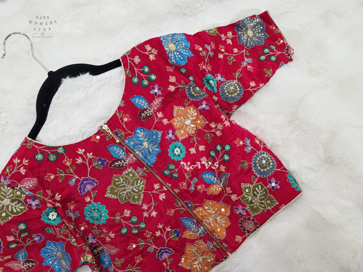 Ruby Red Chinon Silk Floral Sequin Blouse | Size 34–40